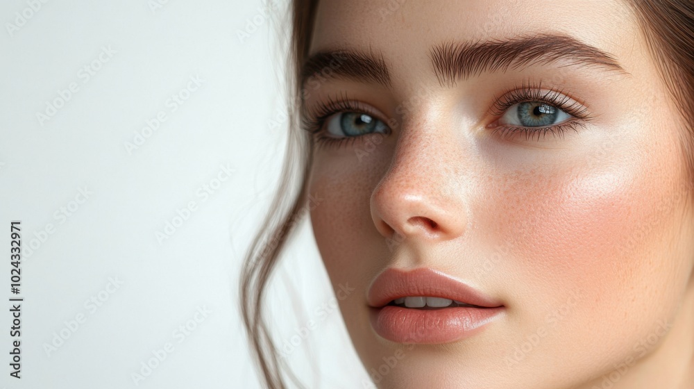 Woman's half face, clean white background, tinting lip balm with rosy finish, gentle cheek color, radiant glow, simple and lovely design. Woman's half face, clean white background, tinting lip balm with rosy finish, gentle cheek color, radiant glow, simple and lovely design.