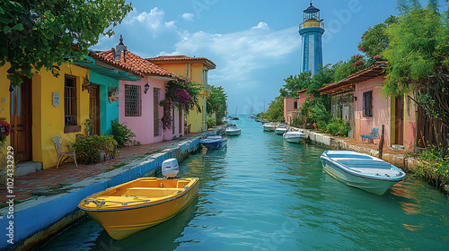 A colorful cityscape along the waterway in The Bradley, showcasing vibrant buildings that reflect beautifully in the water. This picturesque scene captures the essence of urban life, where nature and  photo