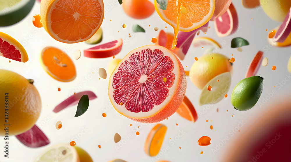 Vibrant Citrus Slices in Mid Air with Juice Splatters Vibrant Citrus Slices in Mid Air with Juice Splatters