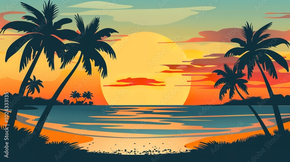 design for a sale banner including palm trees on the shore, Generative AI. design for a sale banner including palm trees on the shore, Generative AI.