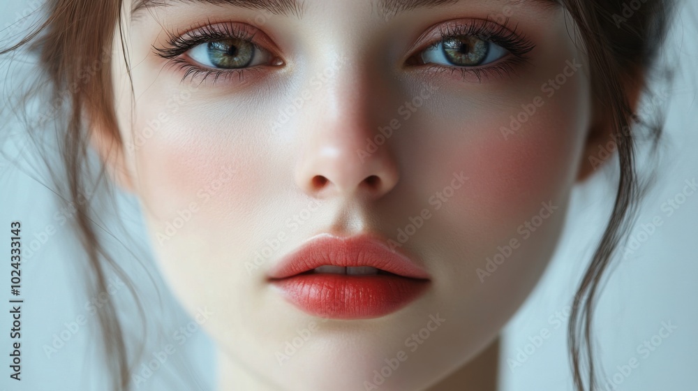 Woman's half face, pure white backdrop, moisturizing lip serum with a soft tint, rosy cheeks, angelic brightness, simple yet captivating look. Woman's half face, pure white backdrop, moisturizing lip serum with a soft tint, rosy cheeks, angelic brightness, simple yet captivating look.