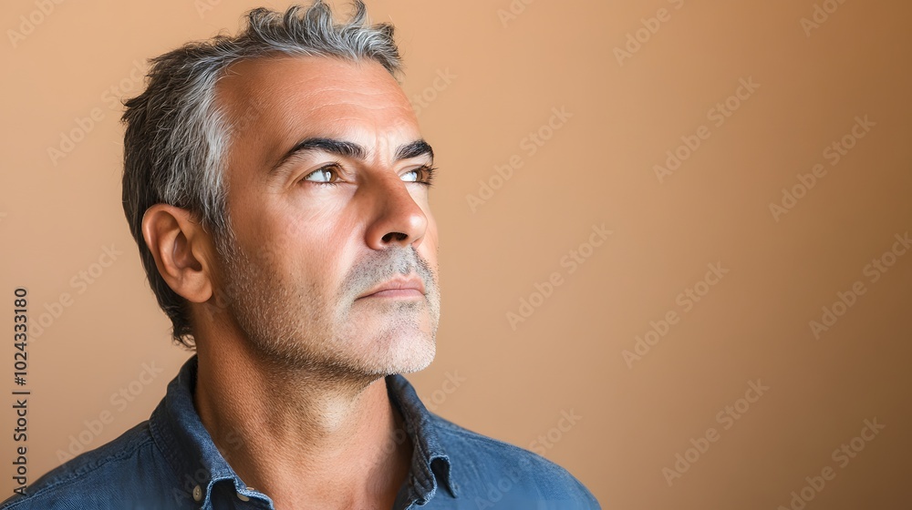 57. A middle-aged man with a serious expression, eyebrows furrowed as if in thought, against a soft beige backdrop. 57. A middle-aged man with a serious expression, eyebrows furrowed as if in thought, against a soft beige backdrop.