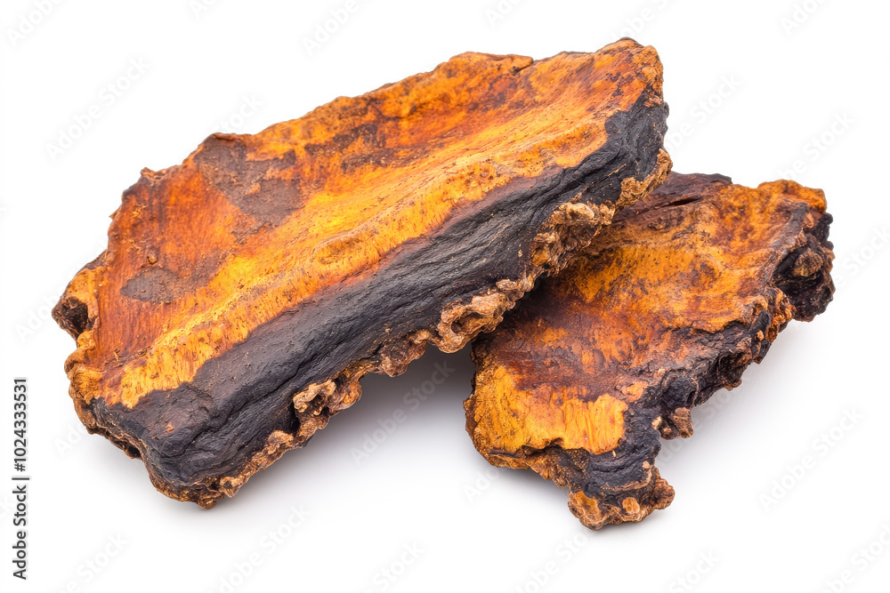 Chaga healthy vitality mushroom, Inonotus obliquus, isolated on white Chaga healthy vitality mushroom, Inonotus obliquus, isolated on white