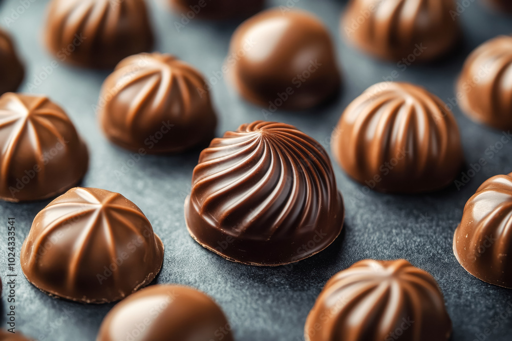 Closeup of many chocolate candies pralines on dark surface background Closeup of many chocolate candies pralines on dark surface background
