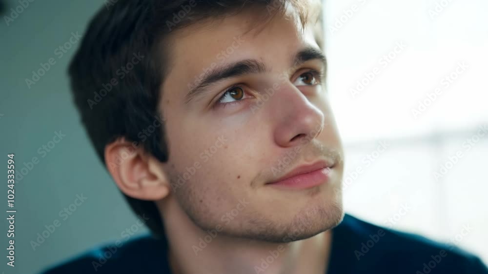 Caucasian man transitions from boredom to interest in this static, soft, diffused light video. close-up with blurred classroom background Caucasian man transitions from boredom to interest in this static, soft, diffused light video. close-up with blurred classroom background