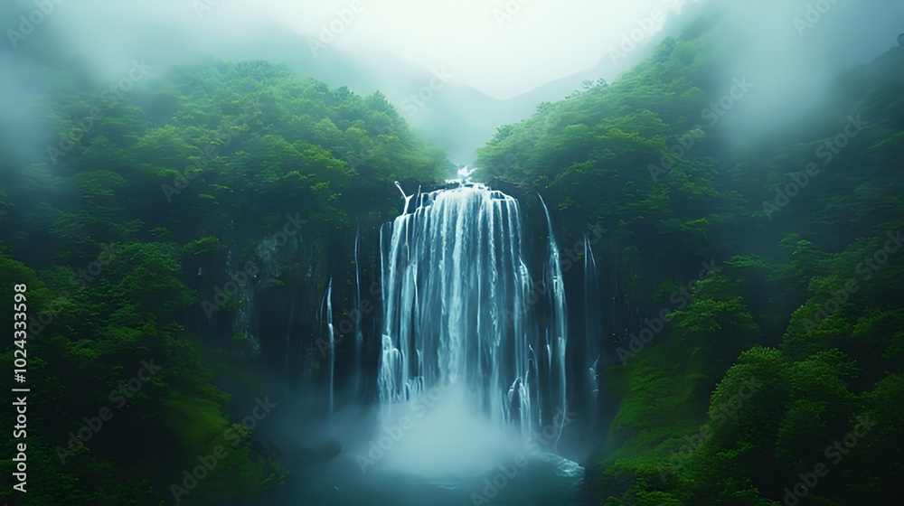 Majestic waterfall cascading down a rocky cliff, surrounded by lush green trees and misty air. Majestic waterfall cascading down a rocky cliff, surrounded by lush green trees and misty air.