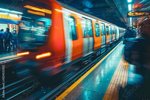 During rush hour, commuters swarm an urban train station platform as trains arrive and depart, generating a bustling and vibrant scene, Generative AI.