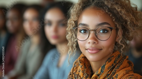 A young woman with curly hair and glasses looks directly at the camera with a small smile, while sitting in an audience.