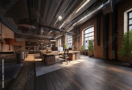 Industrial loft office space with exposed brick, metal beams, and large windows.