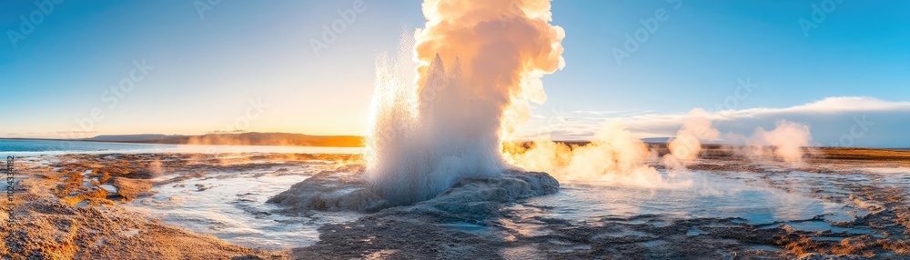 Exploding Geyser A geyser exploding from the earth in a burst of steam and water ...