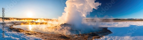 A geyser exploding from the earth in a burst of steam and water, capturing the untamed geothermal power of water, geyser explosion, natural power release