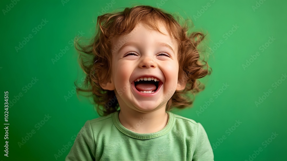 56. A child with a gleeful expression, laughing joyfully, against a bright green background. 56. A child with a gleeful expression, laughing joyfully, against a bright green background.