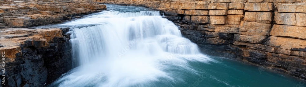 Water crashing over a cliff into a deep pool below, creating a constant, thunderous roar, waterfall cliff, untamed water power