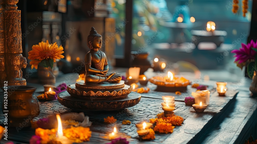 Buddha Statue and Candles in a Temple Setting Buddha Statue and Candles in a Temple Setting