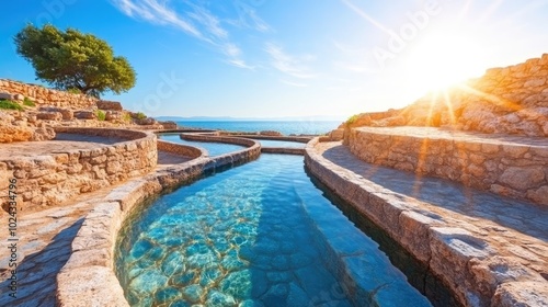 Water flowing through a maze of aqueducts in an ancient city, showcasing the prompt