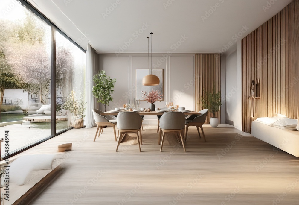 Fototapeta premium Modern dining room with large windows overlooking a backyard.