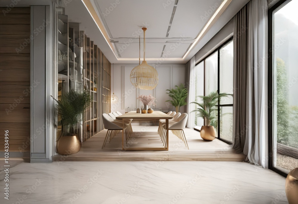 A modern dining room with a large window, hardwood floors and white marble tile.