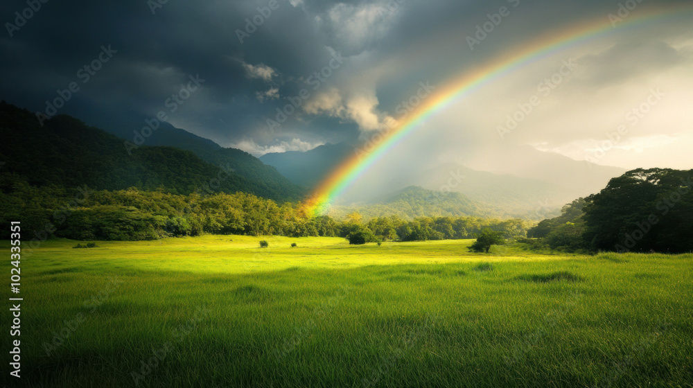 rainbow stretching across vast meadow after rainstorm creates stunning natural scene. vibrant colors contrast beautifully with lush green grass and dramatic clouds rainbow stretching across vast meadow after rainstorm creates stunning natural scene. vibrant colors contrast beautifully with lush green grass and dramatic clouds