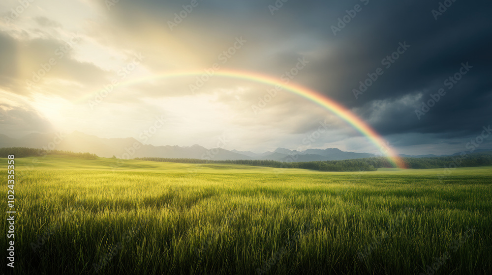 stunning rainbow stretching across vast meadow, illuminated by soft sunlight after rain shower. lush green grass contrasts beautifully with dramatic sky stunning rainbow stretching across vast meadow, illuminated by soft sunlight after rain shower. lush green grass contrasts beautifully with dramatic sky