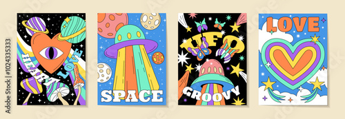 Space retro groovy card. Psychedelic poster. Crazy UFO. Acid rainbow. Love heart eye. Y2K abstract landscape. Daisy flower. Hallucinogen mushroom. Vintage 70s background. Vector garish banners set