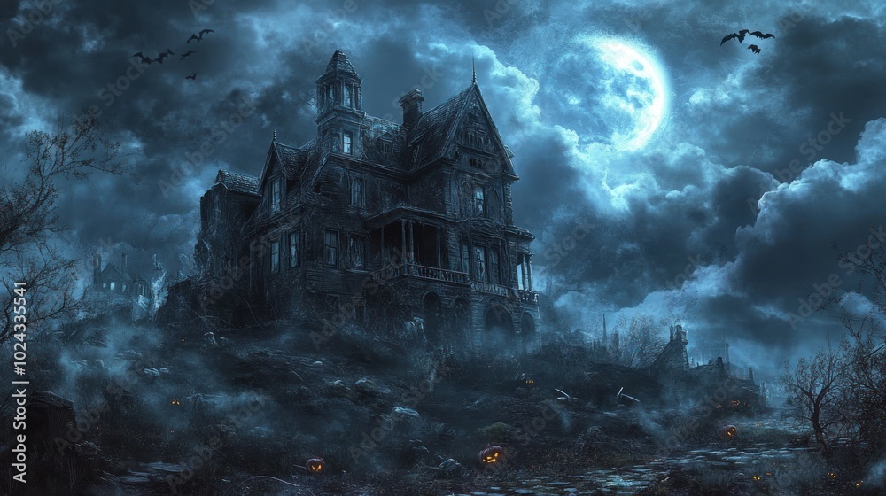 A Haunted Mansion Under a Full Moon in a Foggy Forest A Haunted Mansion Under a Full Moon in a Foggy Forest