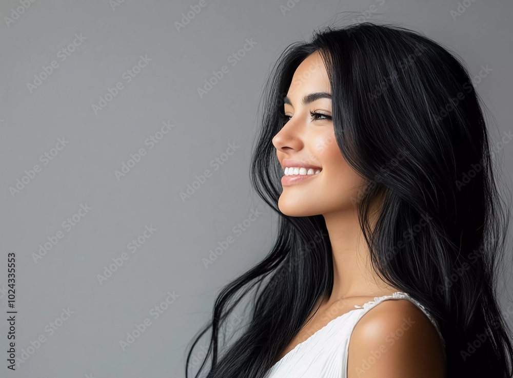 Beautiful woman with long black hair smiling, wearing a white top, posing against a grey background. This image represents the concept of beauty.