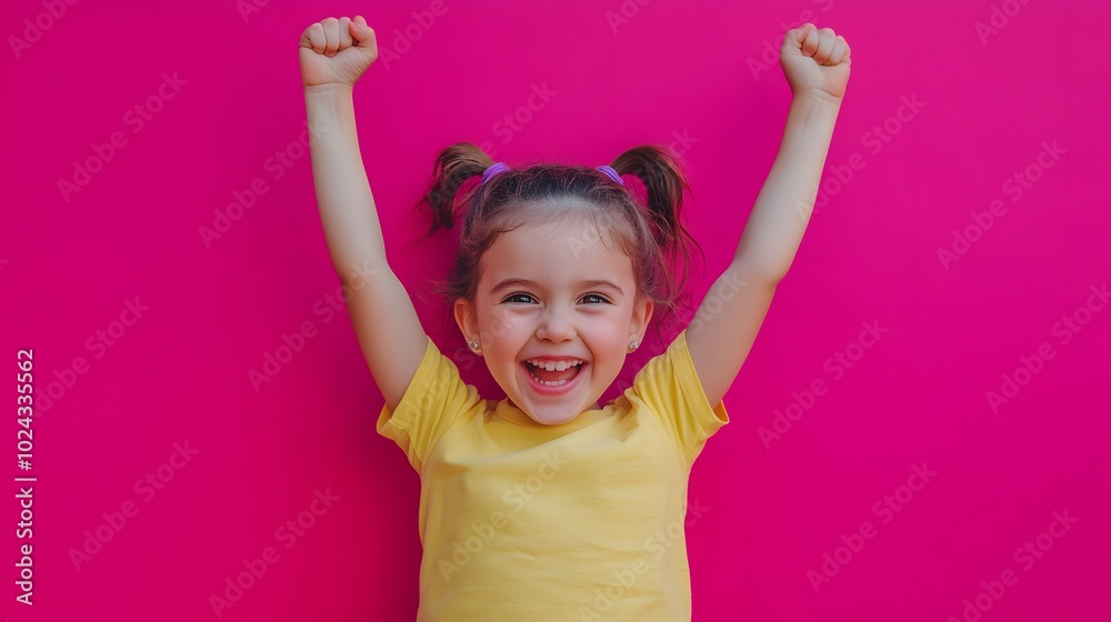 53. A young girl with a triumphant look, arms raised in victory, against a bright pink background. 53. A young girl with a triumphant look, arms raised in victory, against a bright pink background.