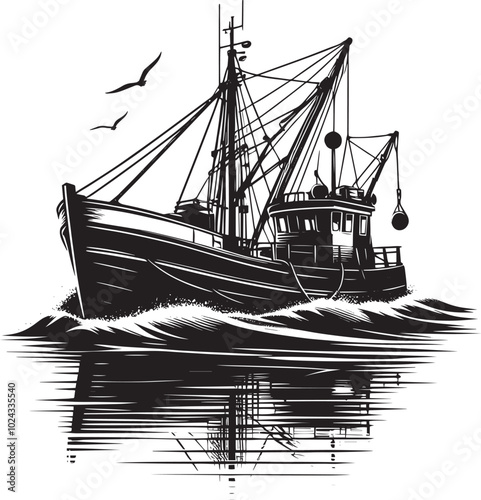 Obraz na plátně Fishing boat silhouette vector illustration isolated on a white background