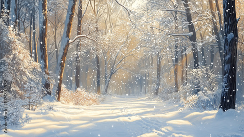 Beautiful winter solstice morning with snow-covered trees and soft sunlight in a tranquil forest photo