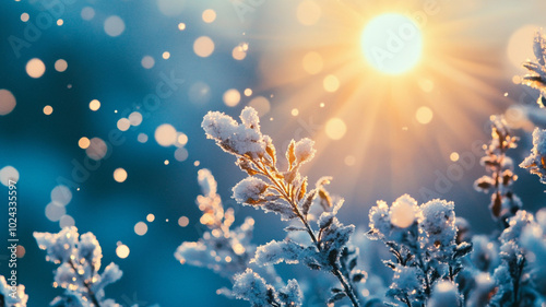 Captivating winter solstice sunrise illuminating frosty foliage in a tranquil landscape