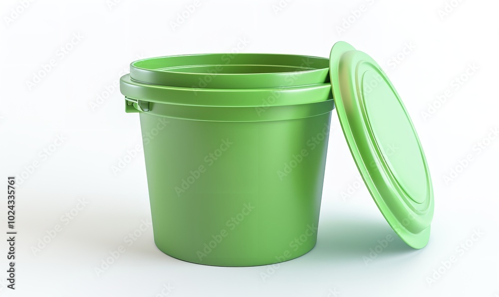 In an isolated white background, a green bucket or container with a lid is seen. Symbol or indication. three-dimensional rendering, Generative AI. In an isolated white background, a green bucket or container with a lid is seen. Symbol or indication. three-dimensional rendering, Generative AI.