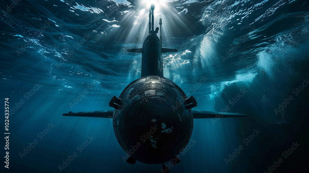 Fototapeta premium A submarine navigates deep underwater, with dramatic sunlight filtering through the ocean surface, creating a mysterious and powerful scene.