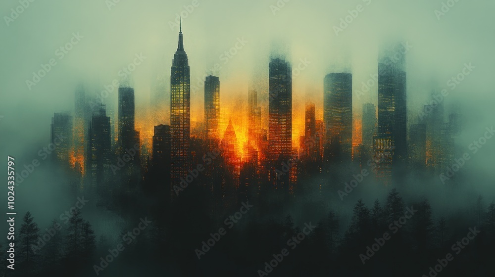 A city skyline emerges from a misty forest, with a bright orange sun shining through the clouds.