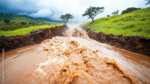 Water rushing down a hillside after a heavy rainstorm, causing mudslides and flash floods, mudslide and flood, dangerous terrain photo