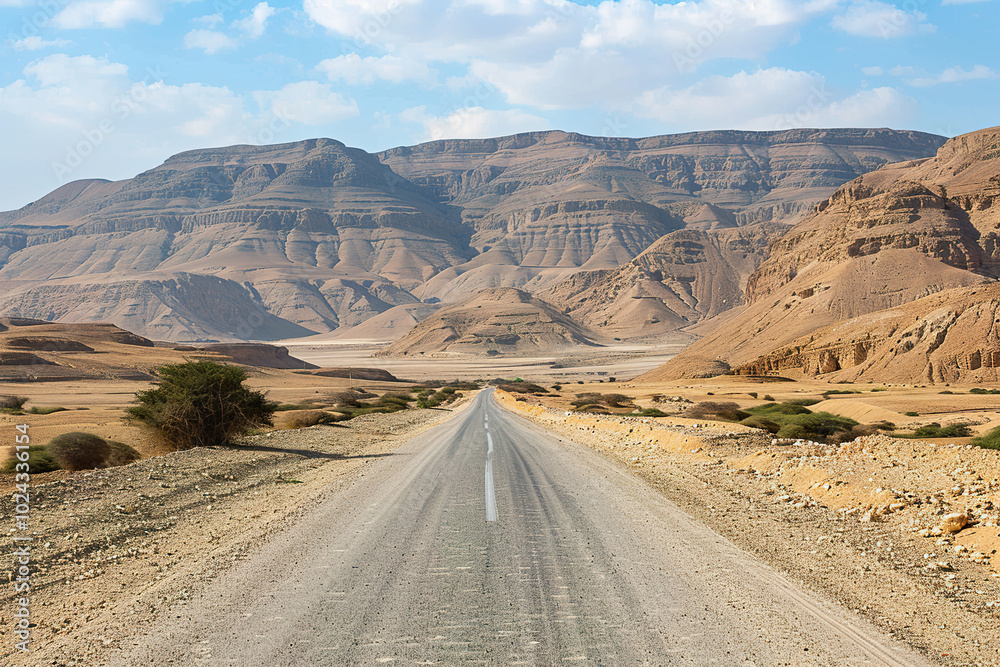 A road in the desert with a cloudy sky in the background., A road in the desert with a cloudy sky in the background.,