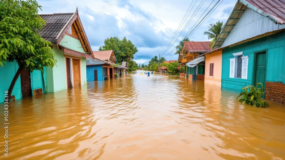 A swollen river breaking its banks and flooding nearby homes, with villagers wading through knee-deep water, riverbank flood, village under water A swollen river breaking its banks and flooding nearby homes, with villagers wading through knee-deep water, riverbank flood, village under water