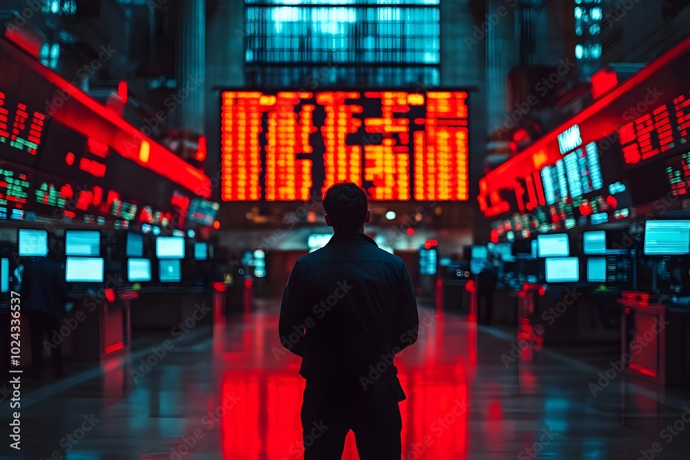 Dramatic Side View of Lone Trader Staring at Glowing Market Screens in Natural Light Dramatic Side View of Lone Trader Staring at Glowing Market Screens in Natural Light