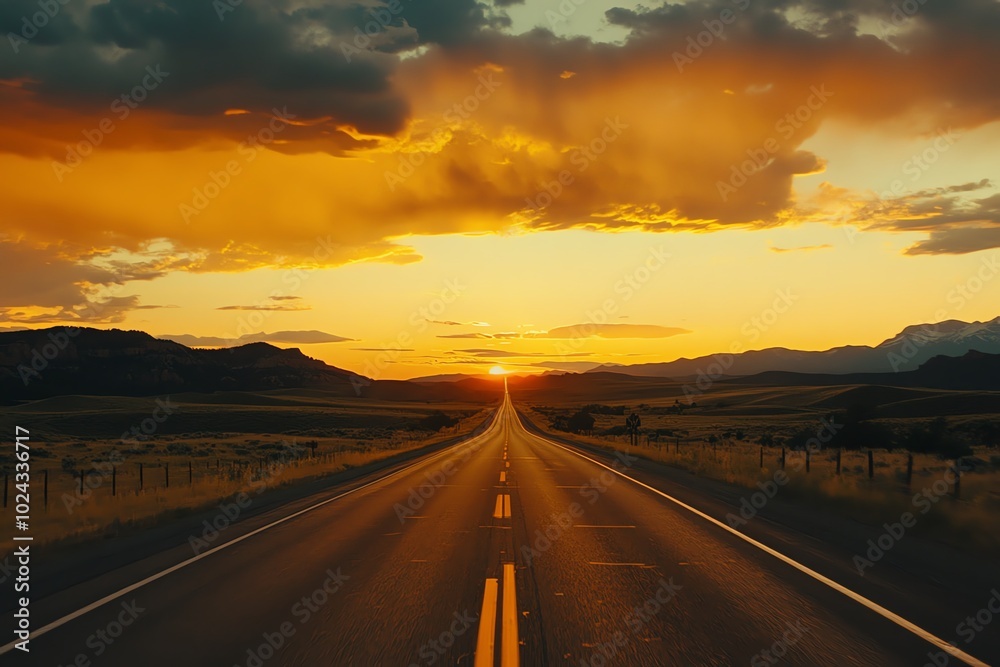 Naklejka premium The road stretches across a barren valley, illuminated by the evening sunlight, creating a beautiful scene