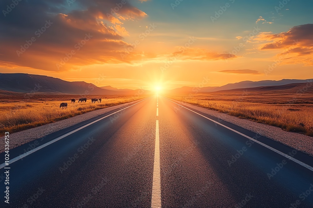Naklejka premium The road stretches across a barren valley, illuminated by the evening sunlight, creating a beautiful scene