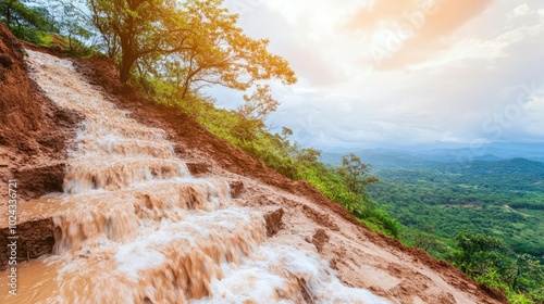 Water rushing down a hillside after a heavy rainstorm, causing mudslides and flash floods, mudslide and flood, dangerous terrain photo