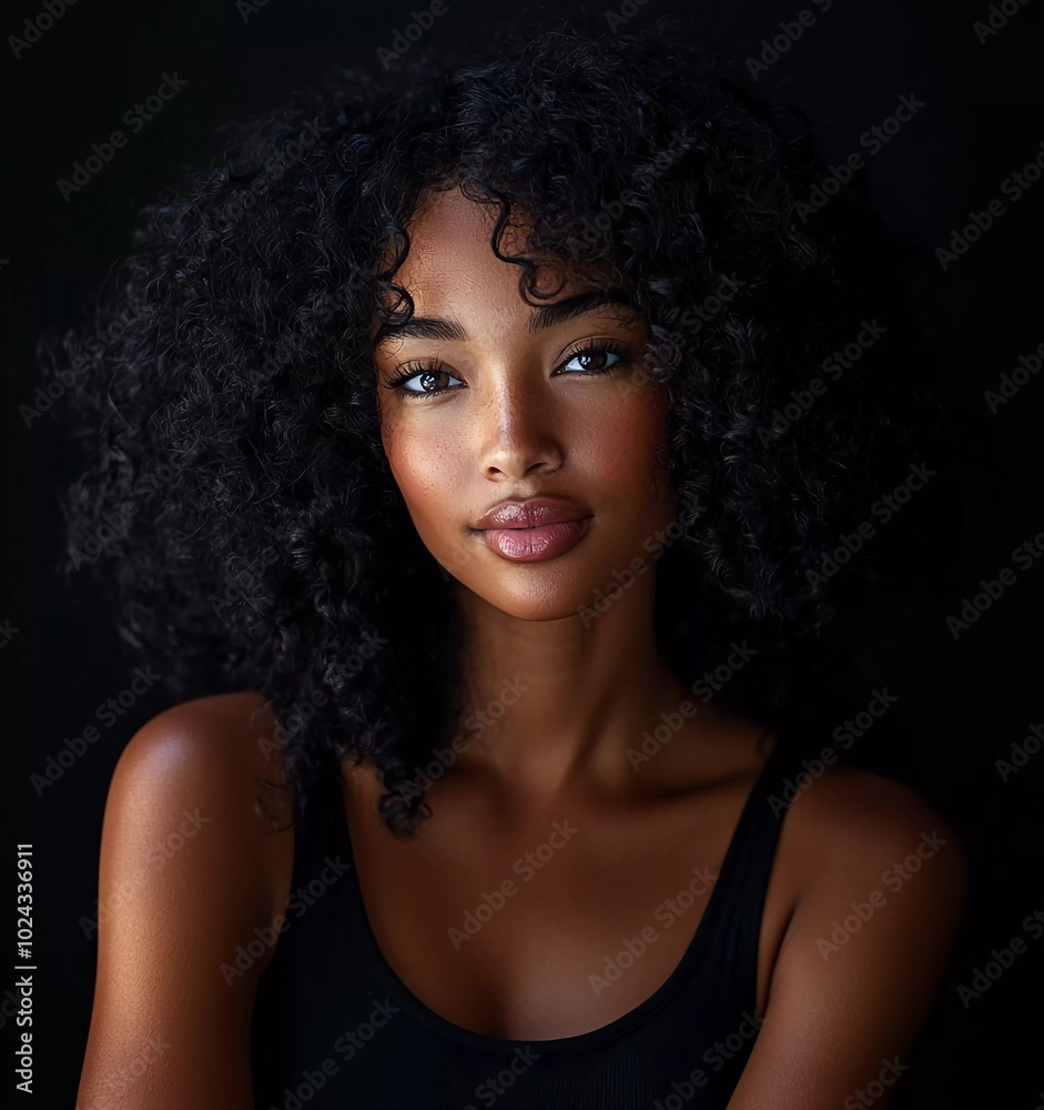 Portrait of a beautiful African American woman with curly hair posing in a studio on a black background