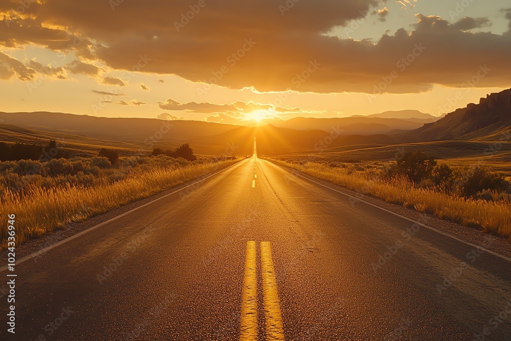 Fototapeta premium The road stretches across a barren valley, illuminated by the evening sunlight, creating a beautiful scene