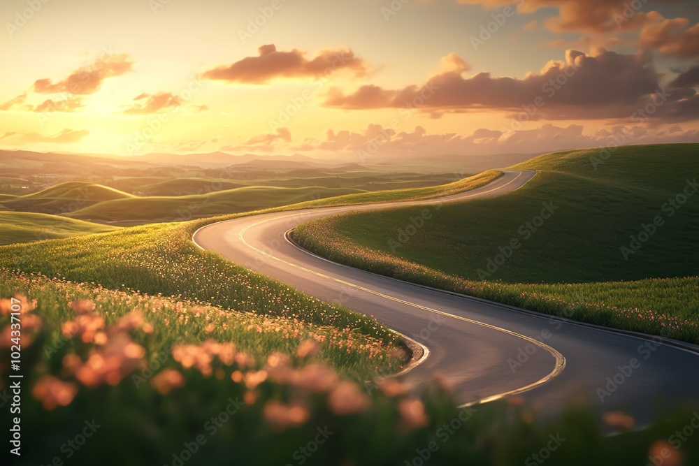 The road leads up the mountain. The roadside was filled with green grass and bright white flowers. In the evening atmosphere there is beautiful sunlight. The road leads up the mountain. The roadside was filled with green grass and bright white flowers. In the evening atmosphere there is beautiful sunlight.