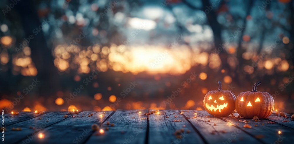 Illuminated Halloween pumpkins on an old rustic table with space for text, against a blurred autumn forest at sunset. High-quality, realistic image perfect for seasonal and festive themes. Illuminated Halloween pumpkins on an old rustic table with space for text, against a blurred autumn forest at sunset. High-quality, realistic image perfect for seasonal and festive themes.