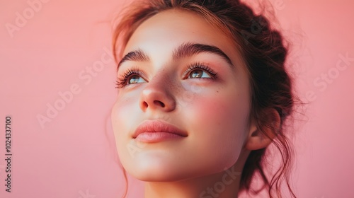 47. A young woman with a hopeful expression, eyes shining with possibility, against a soft pink background.