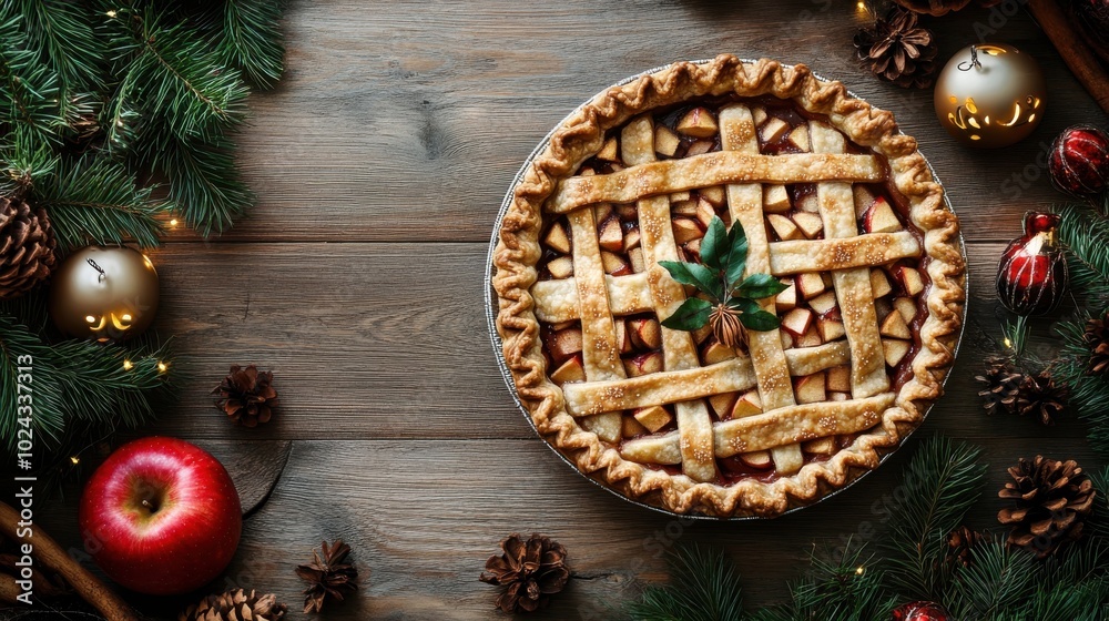 Warm apple pie nestled among festive decorations on a rustic wooden table during the holiday season Warm apple pie nestled among festive decorations on a rustic wooden table during the holiday season
