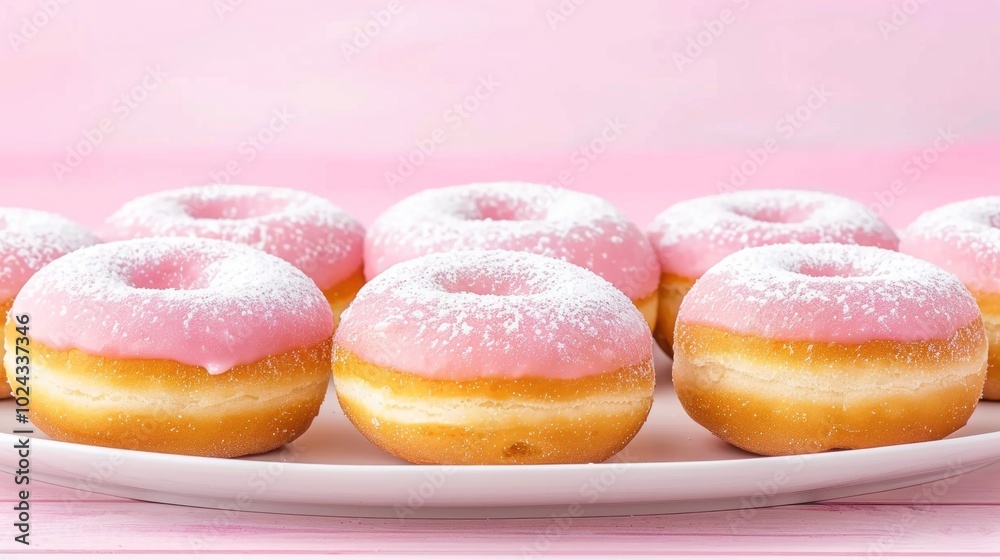 Hanukkah Sufganiyot (Jelly Donuts) on White Plate against Pink Background Hanukkah Sufganiyot (Jelly Donuts) on White Plate against Pink Background