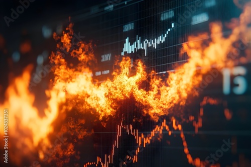 Fiery Financial Portfolio Burning Amid Plunging Charts in Documentary Style Scene