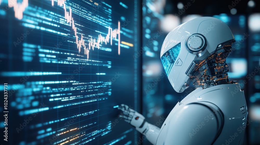 Futuristic robot trader analyzing data on digital screen, showcasing advanced technology and innovation in finance. scene reflects blend of artificial intelligence and market dynamics Futuristic robot trader analyzing data on digital screen, showcasing advanced technology and innovation in finance. scene reflects blend of artificial intelligence and market dynamics