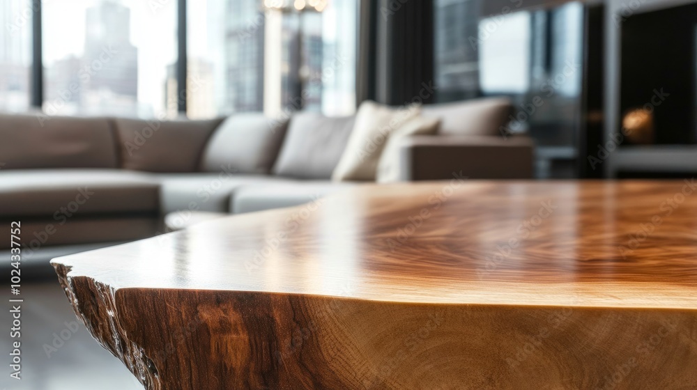 Detailed close-up of a live edge wooden table in a sleek modern living room, showcasing the rich textures of natural wood. Detailed close-up of a live edge wooden table in a sleek modern living room, showcasing the rich textures of natural wood.